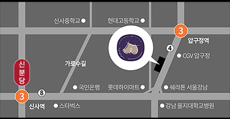 U&U整形外科診所位置圖—地鐵3號線狎鷗亭站4號出口附近