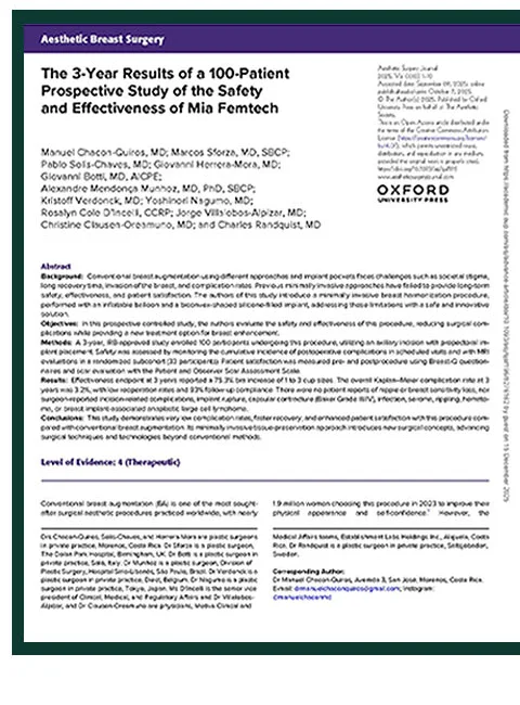 Aesthetic Surgery Journal刊登論文首頁——The 3-Year Results of a 100-Patient Prospective Study of the Safety and Effectiveness of Mia Femtech